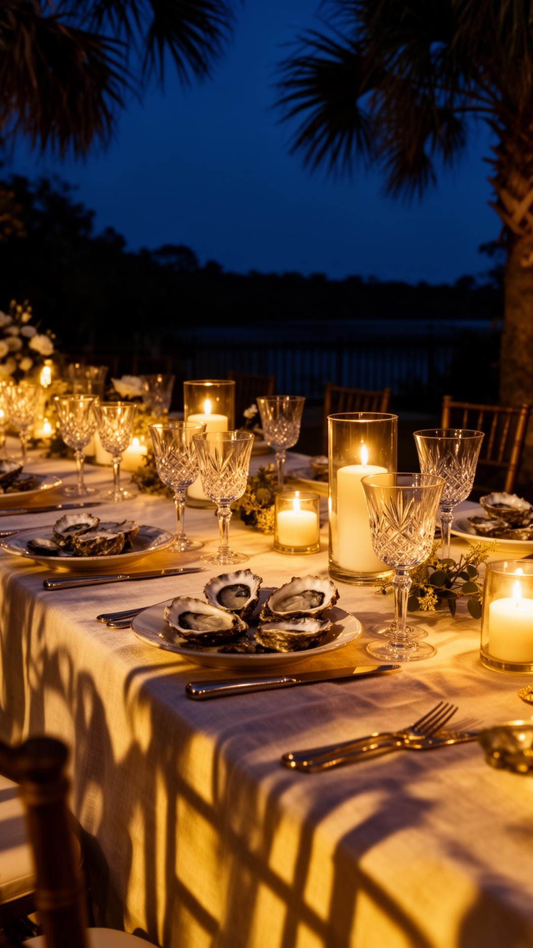 Candlelit Lowcountry banquet table beneath string lights